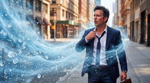 Urban heat relief concept, a sweaty businessman on a city street suddenly receiving a cooling blast of ice and fresh air.