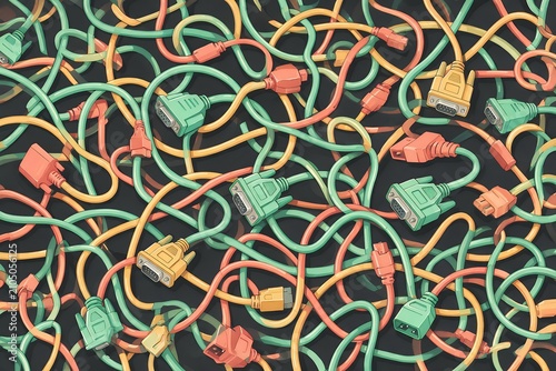 Seamless repeating pattern of tangled retro computer cables in mint green, mustard yellow, and coral on dark charcoal background