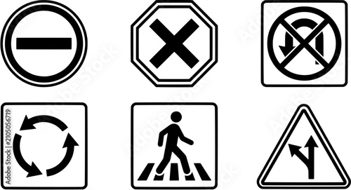 Road sign icon set in a flat black silhouette style including prohibition, crosswalk, roundabout, turn and junction symbols.