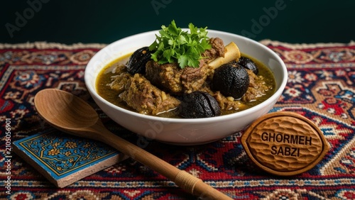 Deep green stew with tender lamb, dried lime, and micro-parsley in a white bowl, styled with a wooden sign, wool cloth, a wooden spoon, and a blue ceramic shard on a forest-green background with space