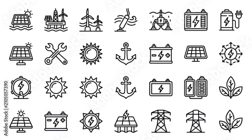 Bild auf Leinwand Renewable energy and sustainable power technology line icons.