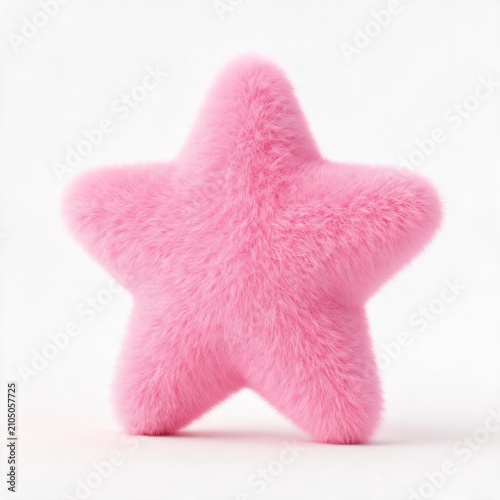 Isolated 3D Y2K aesthetic star shape covered in hyper-realistic fluffy pink faux fur on white background