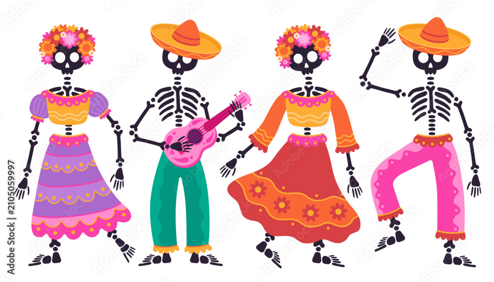 Fototapeta premium Dia de Los Muertos, Day of the Dead Mexican festival. Skeletons dressed in folk costumes playing guitar and dancing.