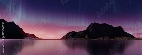 Rugged Landscape with Aurora Borealis. Blue Sky Background with copy-space.