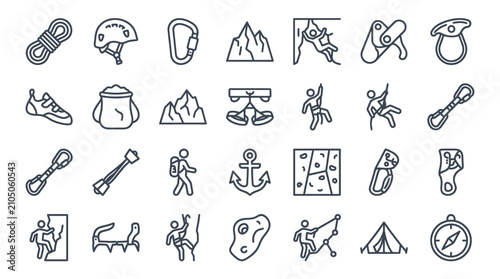 Rock climbing mountaineering and outdoor adventure equipment icons.
