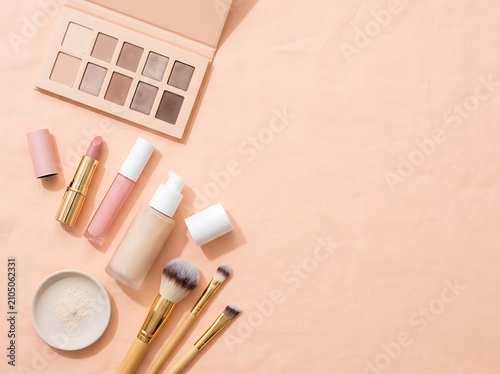 Nude makeup products collection on beige background, professional cosmetics flat lay with eyeshadow palette, liquid foundation and lipstick for beauty blog