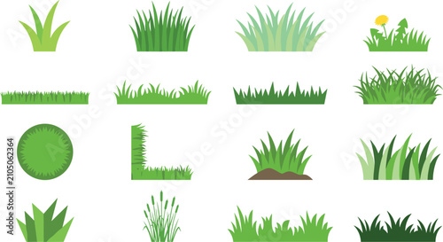 Foto Green Grass Tufts and Borders Icon Set with Isolated Lawn Elements, Foliage Tuft