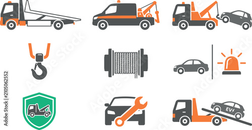 Foto Tow Truck and Roadside Assistance Icon Set featuring Evacuator Vehicles, Wrecker