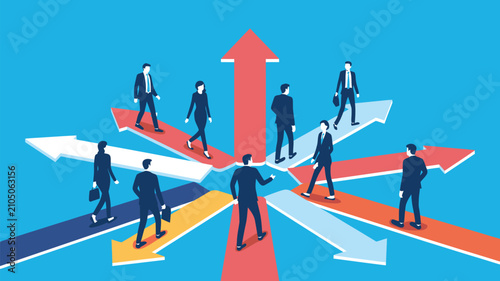 Business professionals walk in different directions toward various colored arrows representing diverse career paths and strategic decision making in a corporate environment.