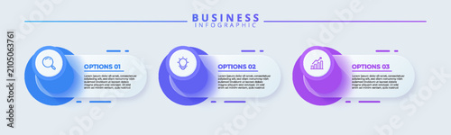 Modern 3 step business infographic template with blue and purple 3D circular icons, glassmorphism text panels, magnifying glass, lightbulb, and growth chart icons on a gray background.
