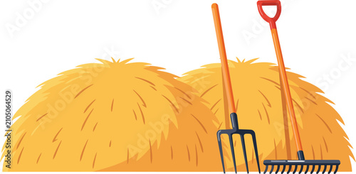 Fotografie Cartoon Haystacks with Pitchfork and Rake Agricultural Farm Tool Vector Illustra