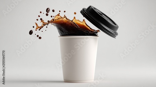 Takeaway Coffee Cup with Dynamic Coffee Splash and Floating Coffee Beans