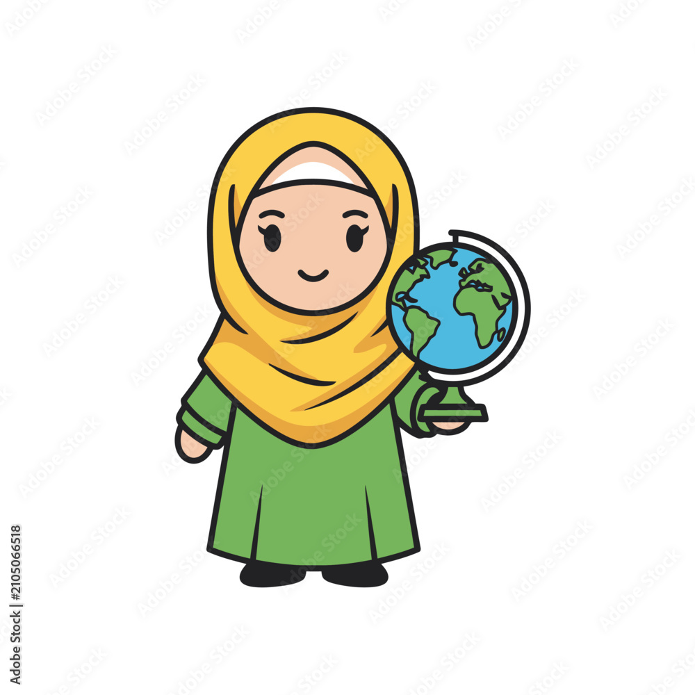 Fototapeta premium Cute Muslim girl in hijab holding a globe illustration.