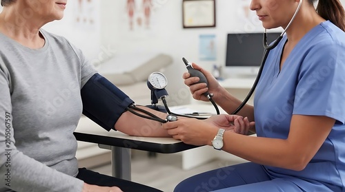 Nurse checking blood pressure of senior patient. Medical professional monitoring heart health.