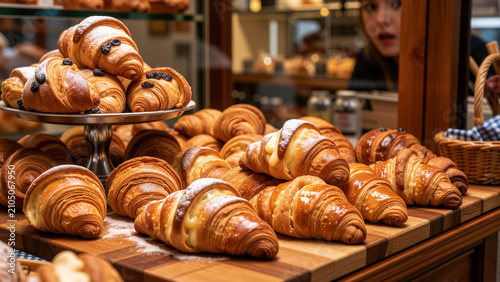 Freshly baked croissants displayed in a bakery
