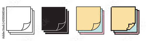 Vector illustration of a square sticky note stack icon in four styles: line, solid, color filled outline, and pixel art. Minimalist office and school paper stationery isolated on a white background.