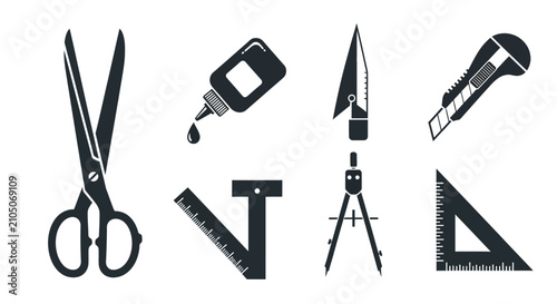 Set of black with collection black white drawing tools equipment icons plain white background utility knife craft knife architecture construction
