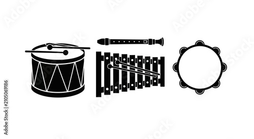 Fotografie Musical instruments drum flute xylophone with illustrations four musical black w