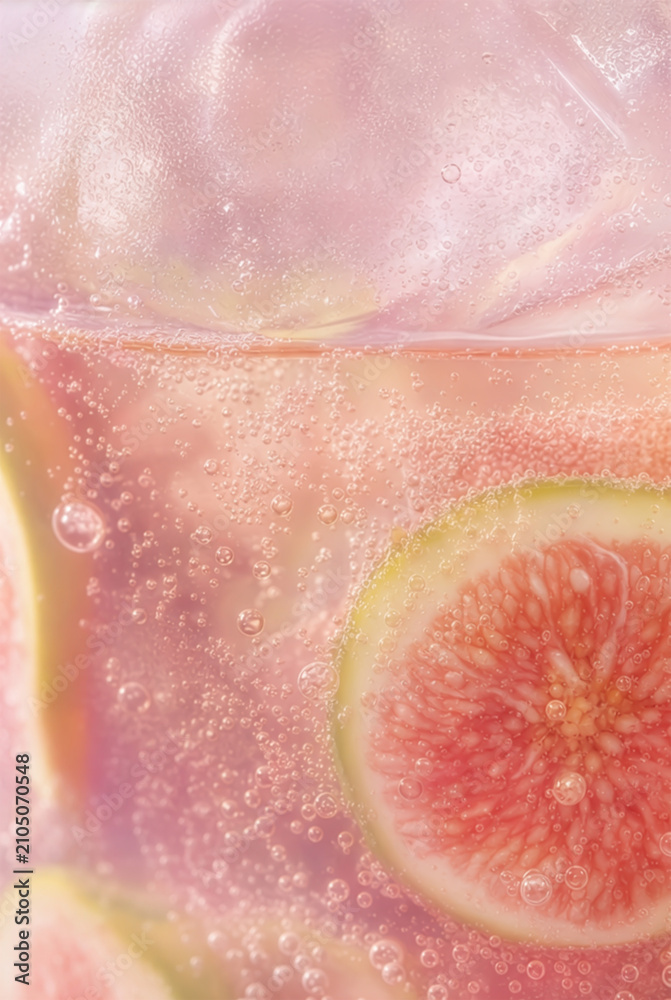 Fototapeta premium Close-up of fig ade with fig slices, sizzling bubbles in glass|イチジクエイドのクローズアップ、イチジクスライス、弾ける気泡