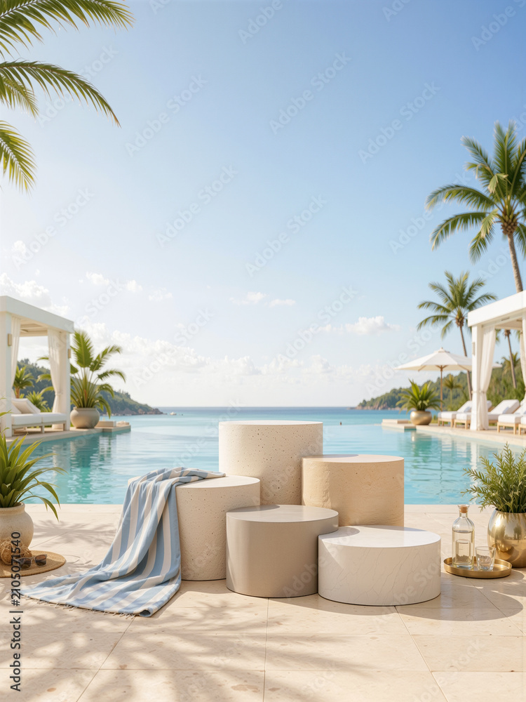 Fototapeta premium Luxury Resort Poolside Product Display Podium with Ocean View