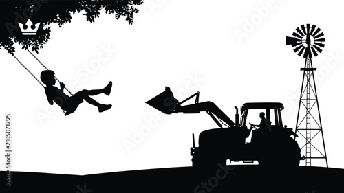 Schilderij op canvas Country life silhouette illustration with child swinging from tree, tractor, and
