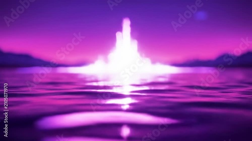 Purple glowing light over calm water surface.