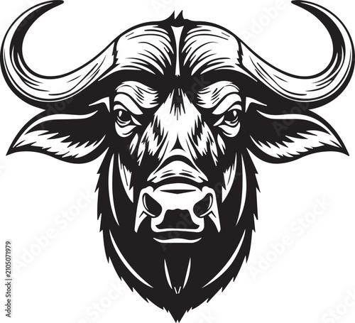 Canvastavla A stylized illustration of a cape buffalo head, showcasing its formidable horns and intense gaze, in a powerful black and white graphic design