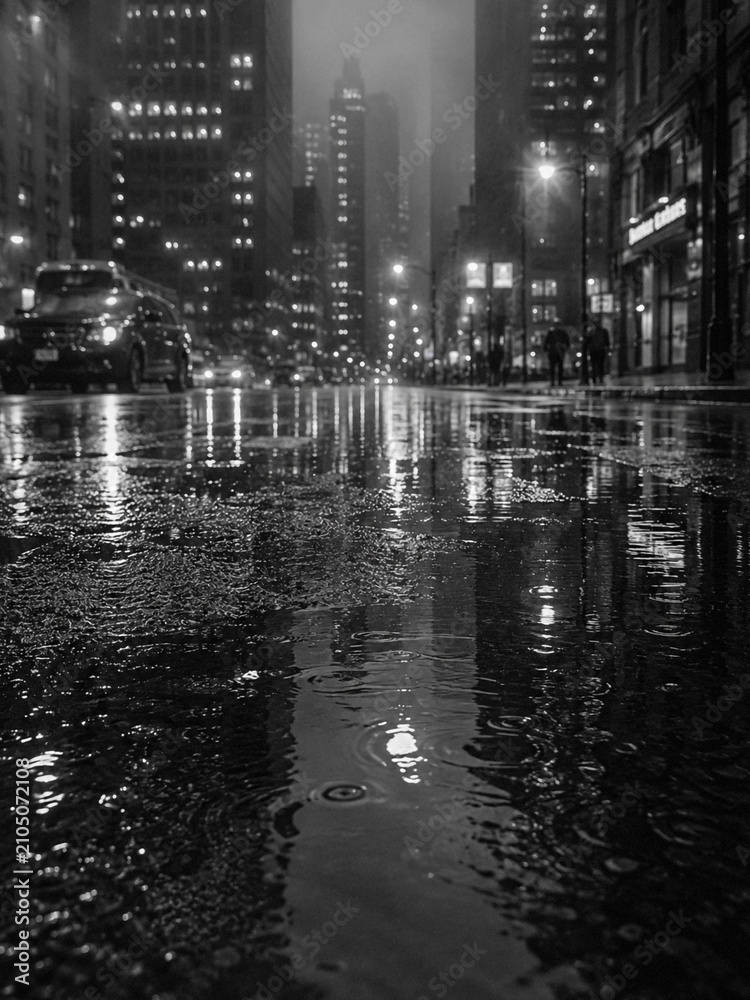 Fototapeta premium Rainy urban street at night with reflections on wet asphalt