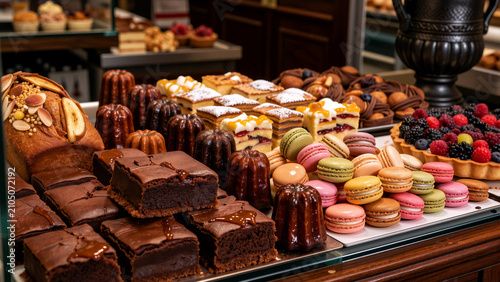 Assortment of delicious pastries and desserts on display
