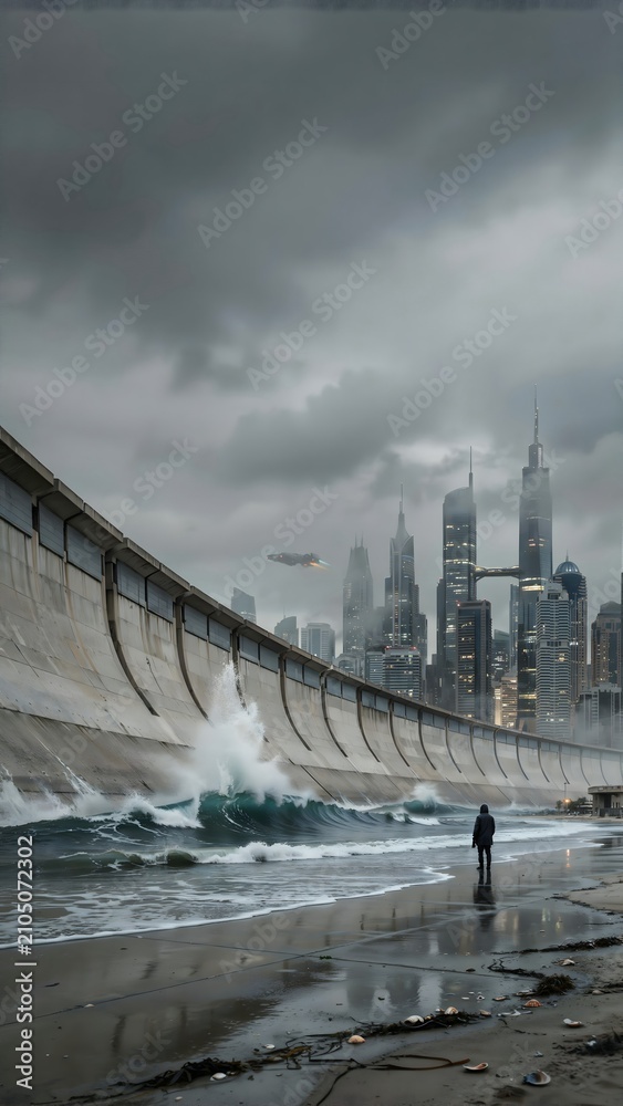 Fototapeta premium Massive stormy skies over urban waterfront with seawall and solitary person