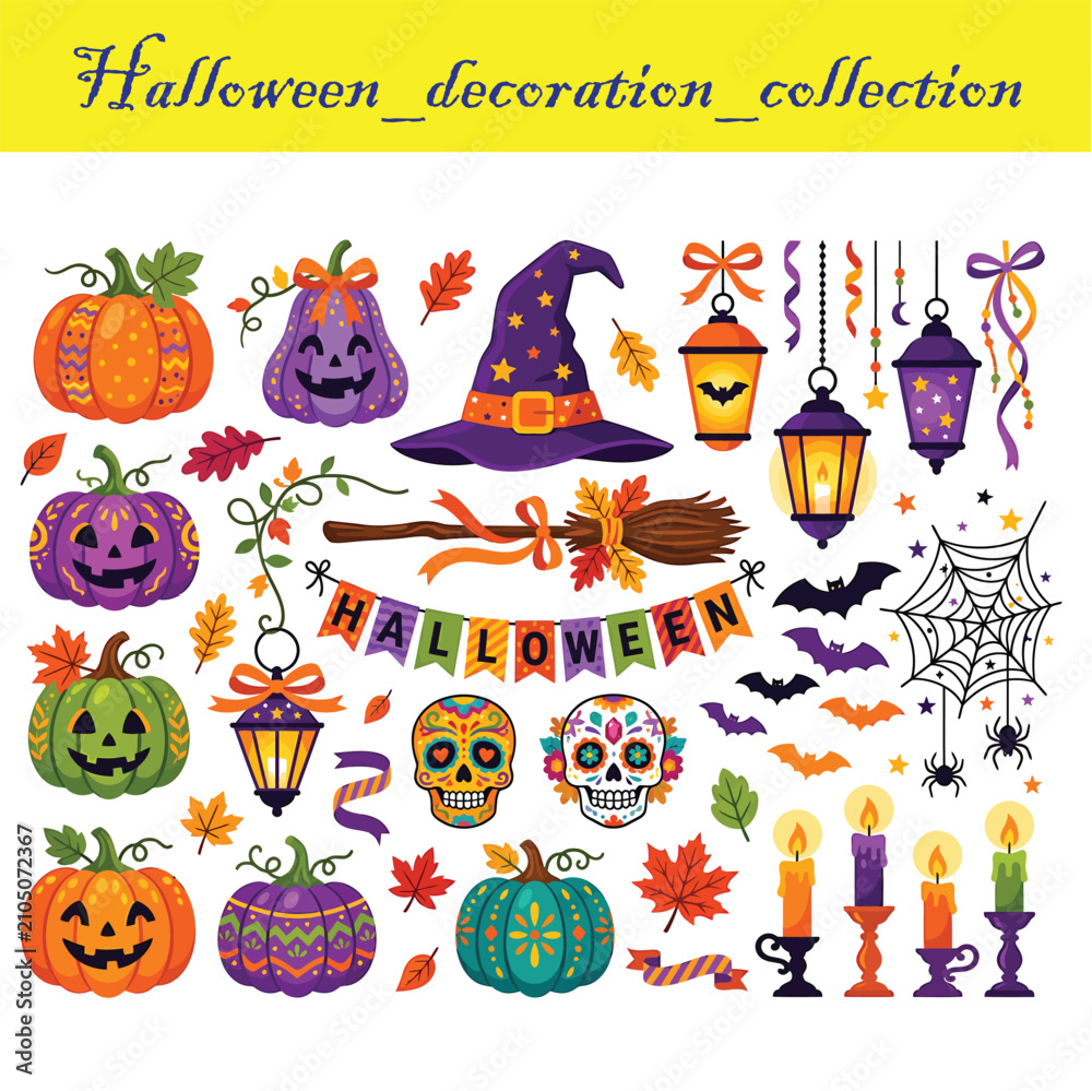 Naklejka premium Colorful halloween decoration collection with pumpkins witch hat and spiderweb vector illustration