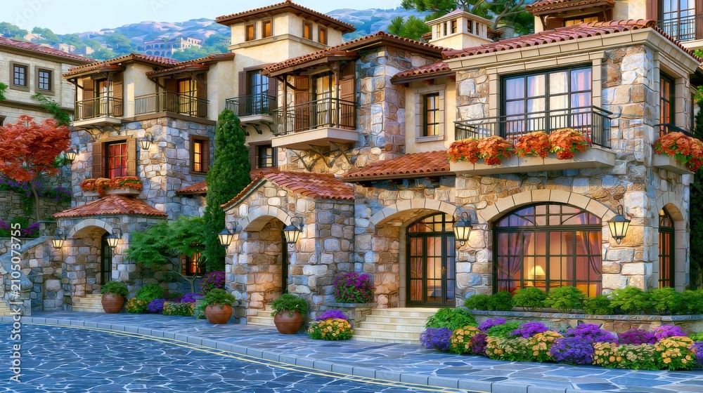 Fototapeta premium Authentic Mountain Village Architecture with Stone Facade and Gardens