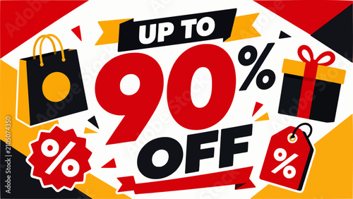 Vibrant promotional sale banner featuring ninety percent off text with retail shopping icons on a geometric background.