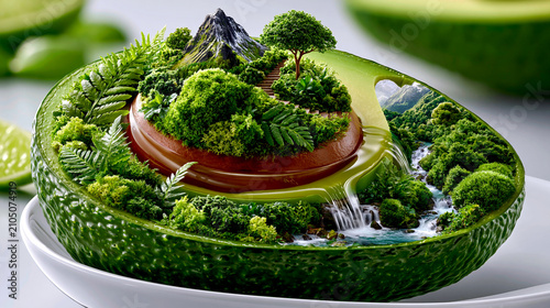 Miniature lush green forest landscape with waterfall and mountain inside an avocado half