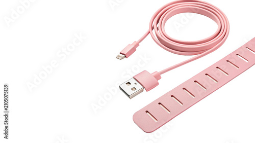 Photos Pink retractable USB cable electronic adapter roll cord tool isolated on transpa