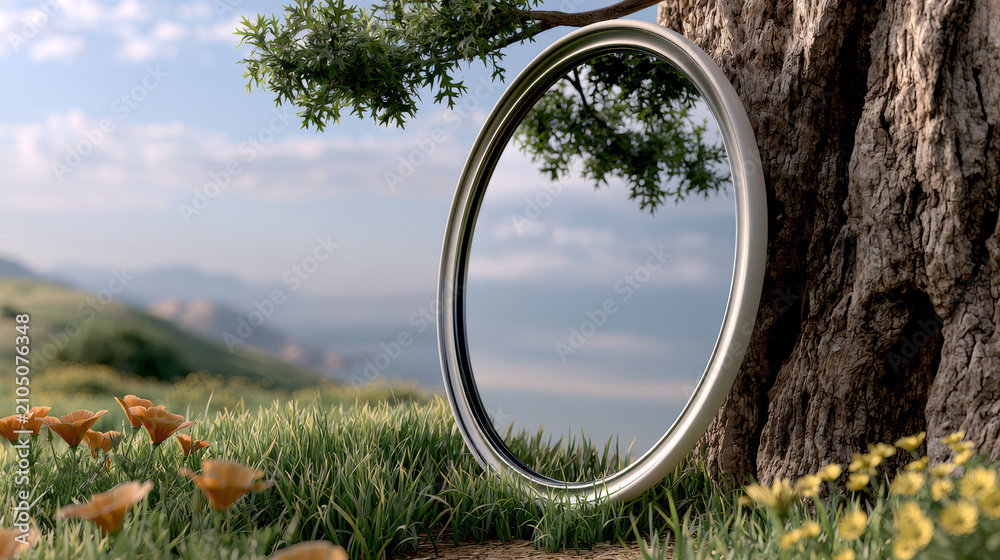 Obraz premium Round mirror seamless edge high fidelity nature tree grass landscape outdoor reflection peaceful