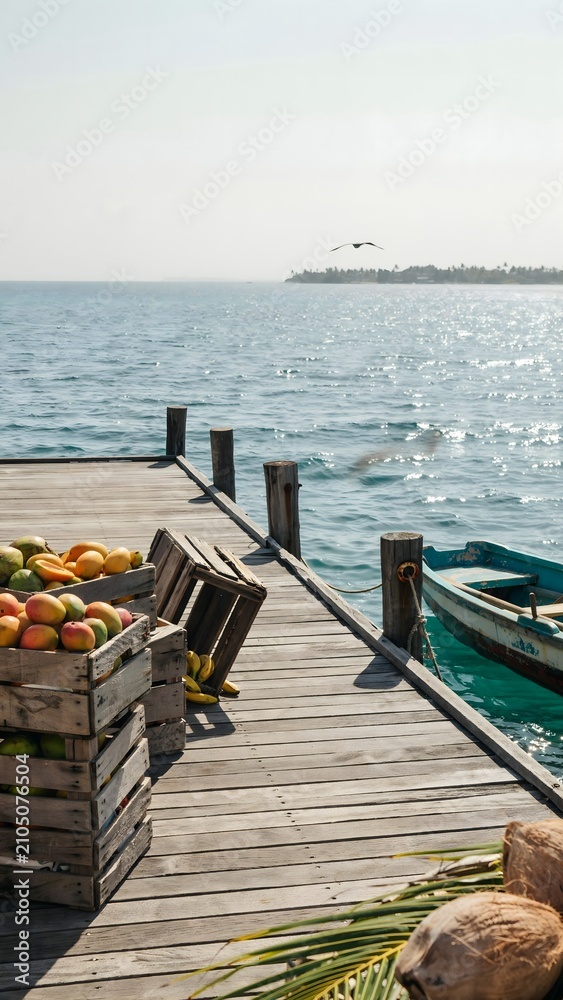 Fototapeta premium Tranquil dockside scene with boat, fruits, and ocean view near distant islands