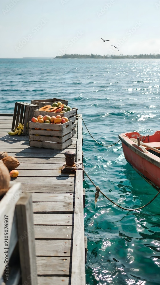 Fototapeta premium Serene waterfront scene with wooden dock, colorful boat, and distant shoreline under clear sky