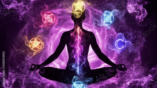 Silhouette meditating with glowing chakra symbols and energy aura.