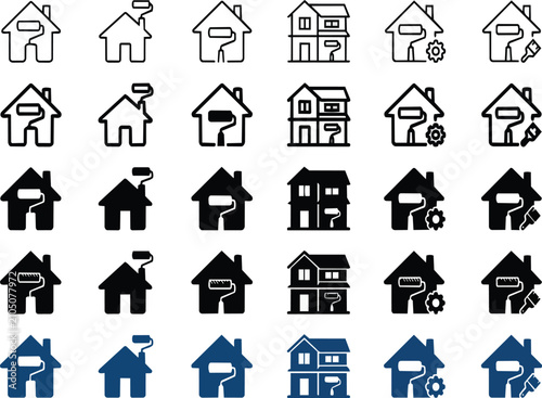 Multiple black and blue house renovation service icons displaying various home improvement tools presented as a flat vector graphic on transparent background.