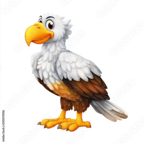 Cartoon Bald Eagle Character Standing With Yellow Beak And White Feathers On A White Background