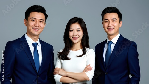 Asian Business Professionals: Three confident and smiling Asian business professionals, two men and one woman, dressed in sharp suits and business attire, pose together against a neutral background.