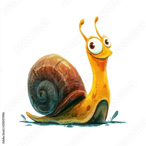 Cute Cartoon Snail Character With Brown Shell And Yellow Body Isolated On A Plain White Background