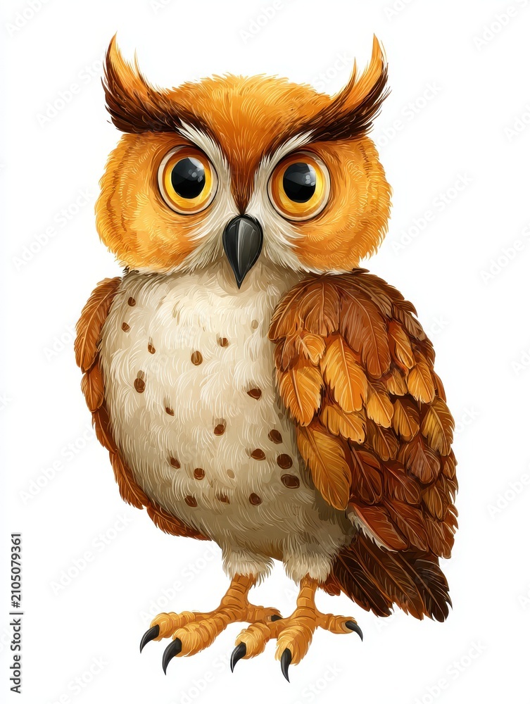 Obraz premium Cute Digital Illustration Of A Detailed Brown Owl With Big Golden Eyes Against White Background
