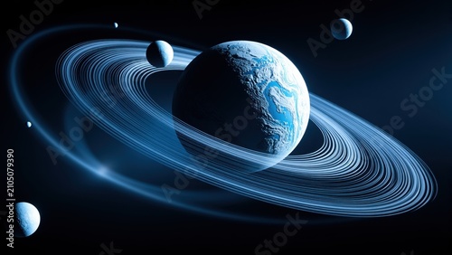 Celestial Rings: A stunning, digitally rendered planet, reminiscent of Saturn, is encircled by luminous, swirling blue rings. Other celestial bodies, likely moons, orbit nearby against a dark.