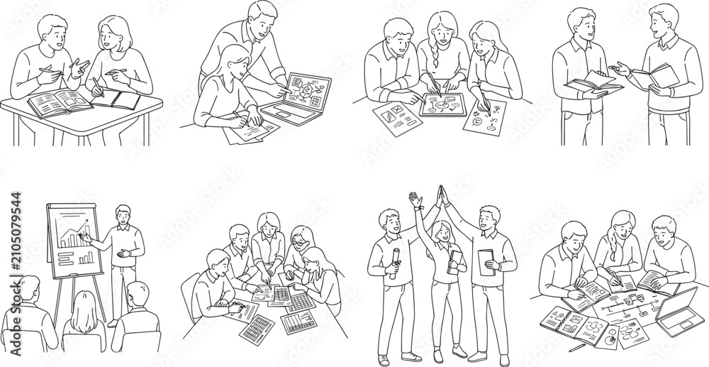 Obraz premium Student Teamwork and Collaborative Learning Line Art Vector Set for Education and Study