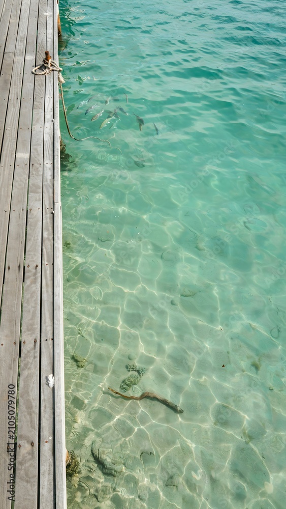 Fototapeta premium Clear turquoise water near wooden dock with underwater rocks and floating rope