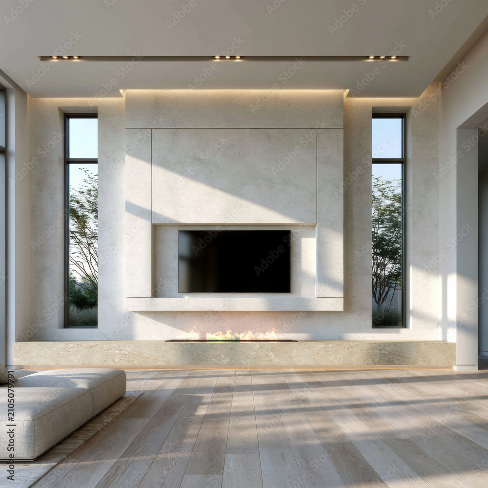 Obraz premium Minimal architectural wall design with modern fireplace, large windows, natural light, and neutral tones create serene living room atmosphere