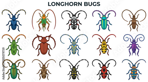 Canvastavla A grid of 15 colorful stylized illustrations of longhorn beetles on a white back