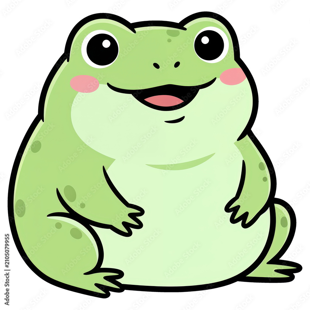Fototapeta premium Adorable Cartoon Frog: A cute and round green frog with rosy cheeks and a big smile is depicted in a whimsical, cartoon style. Its cheerful expression brings a sense of fun and playfulness.